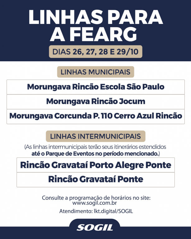 Linhas para a FEARG para os dias 26, 27, 28 e 29 de outubro